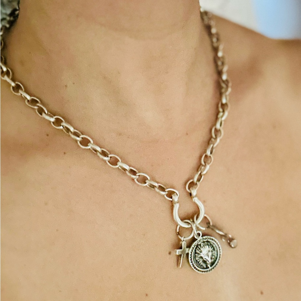 Silver Charm Necklace with Lion and Cross Pendants - Picture 10 of 10